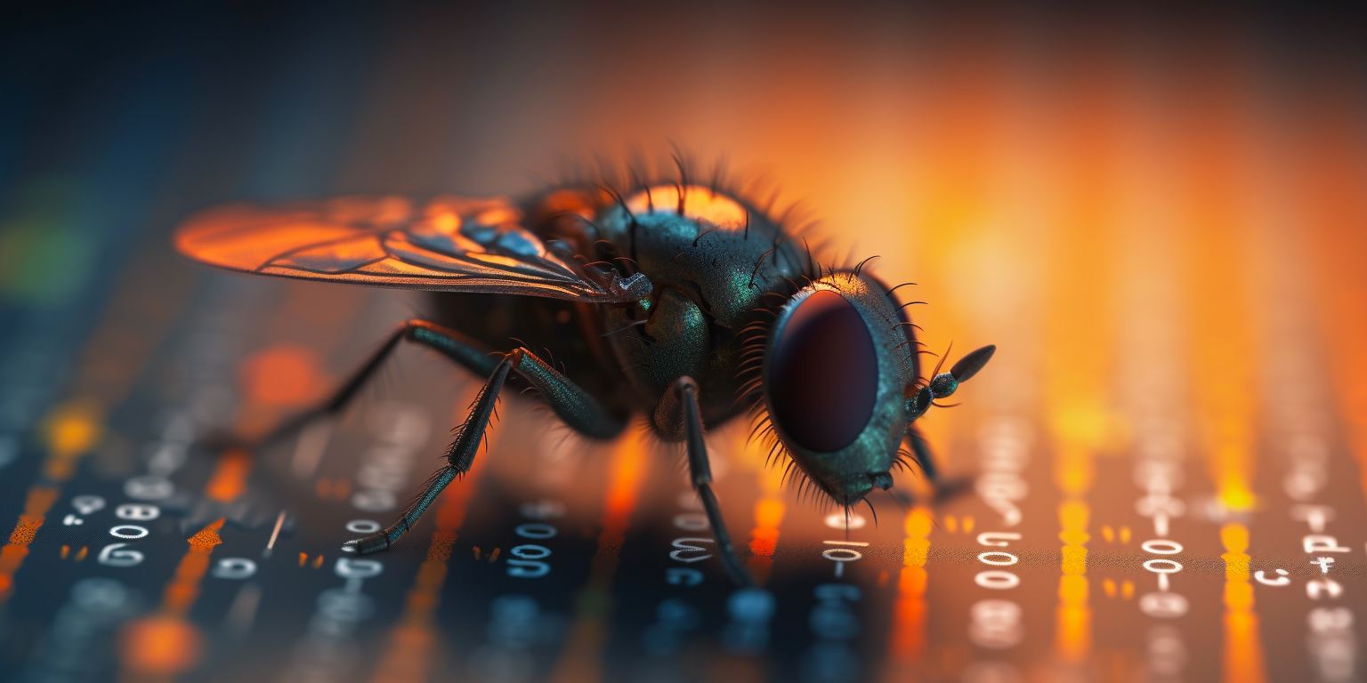 Simulated fruit fly standing on a document showing made up code describing the inner workings of a fruit fly's decision making process